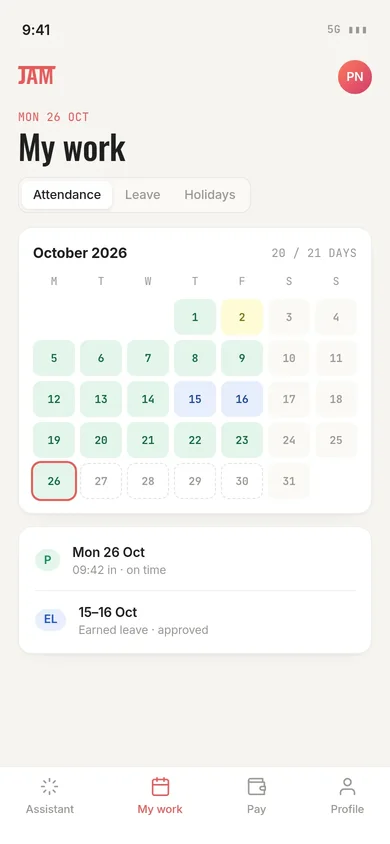 JAM app My work tab with an October attendance calendar.