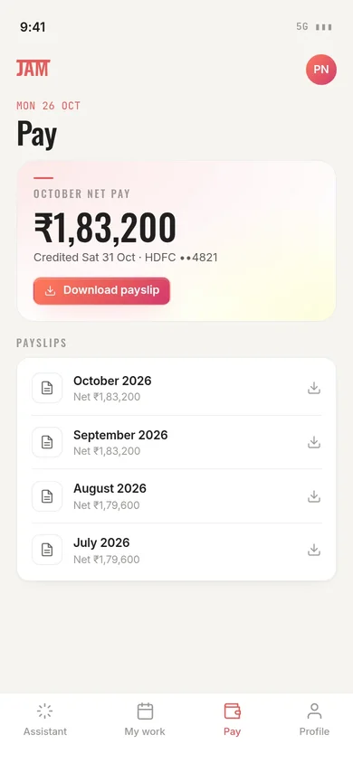 JAM app Pay tab with October net pay and payslip downloads.